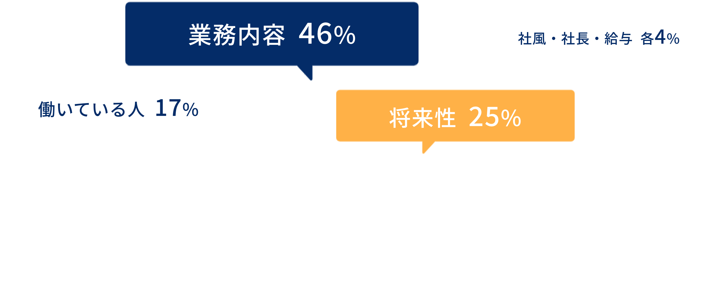 
業務内容:46%,将来性:25%,働いている人:17%,社風・社長・給与 :4%